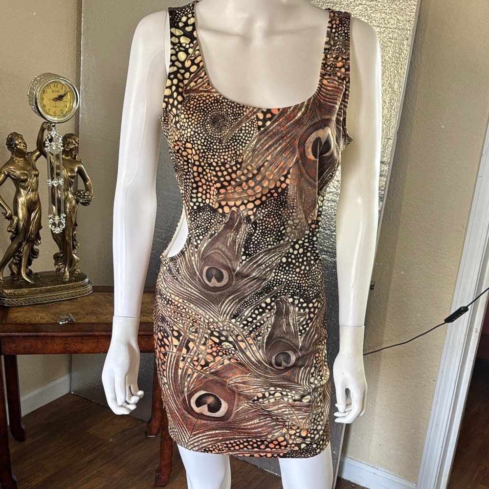 Sleeveless Mini Dress with Brown Peacock Feather Print